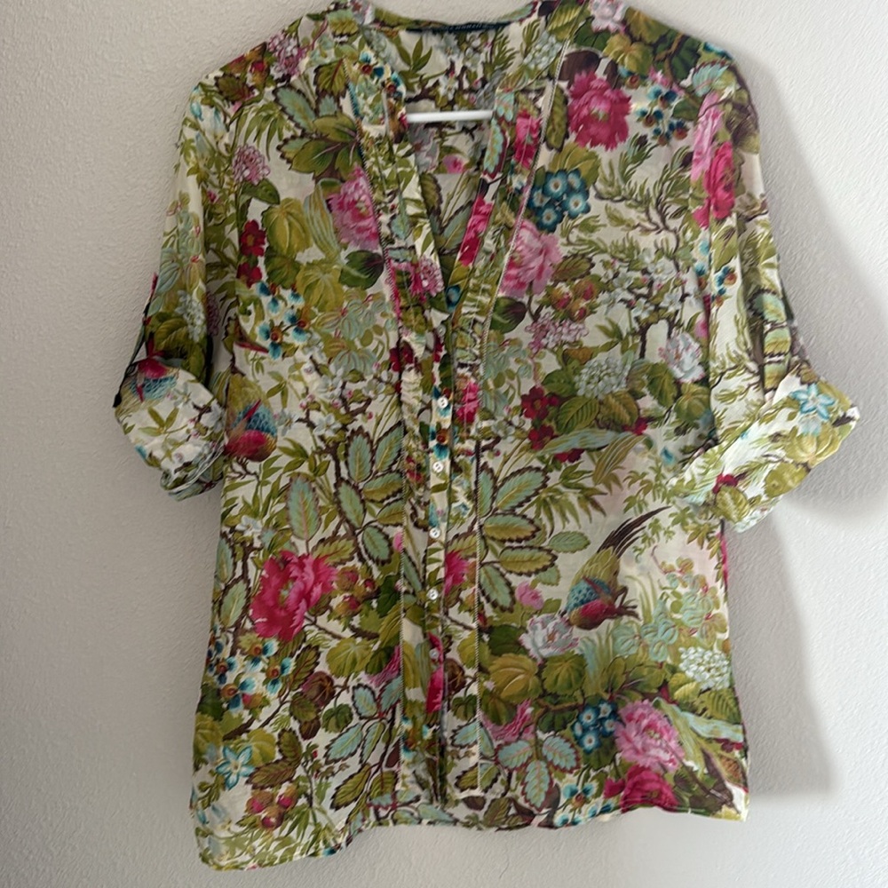 Vintage Zara Woman Sheer Floral Cotton and Silk Blend Button Down Blouse - Lg - Picture 8 of 11